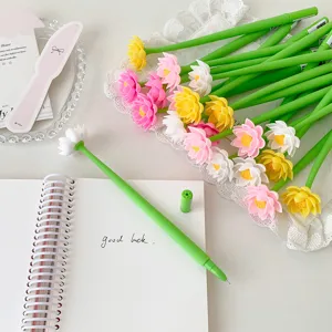 Macro view of a green lotus flower silicone gel pen on a white spiral notebook.