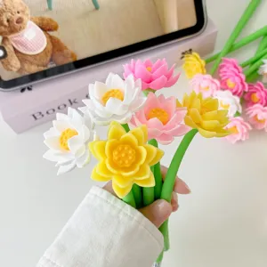 Close-up detail of colorful lotus shaped silicone neutral pens for students and gifts