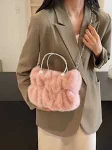 Sweet pink fluffy faux fur handbag with rhinestone handle and pearl accents