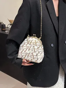 Elegant white sequin shell bag with gold clasp and chain strap for fashionable women