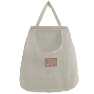 Hanging mesh storage bag for kitchen vegetables, fruit organizer with breathable net pocket.