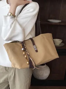 Bolso Tote de Lona para Mujer de Gran Capacidad Decoración de Flecos Retro Bolso de Hombro Artístico para Diario Con Correa de Cuero