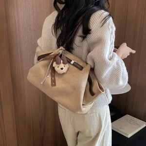 Retro faux suede tote bag with teddy bear charm in khaki, soft large capacity shoulder bag