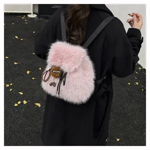 Lässiger rosa Kunstpelz-Rucksack für Damen, flauschige Schultasche für den Winter