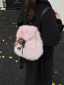 Rosa flauschiger Kunstpelz-Rucksack für Damen, Herbst-Winter-Stil, große Kapazität.