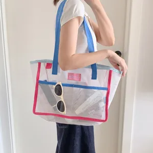Bolso Tote de Malla de Gran Capacidad de Estilo Coreano Color de Contraste Bolso de Playa Transpirable para Camping de Verano Compras Viajes Mujer Bolso de Almacenamiento