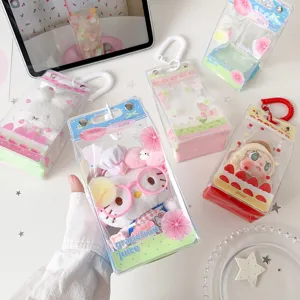 Detailed macro view of various PVC doll display bags featuring cute cake and fruit themes