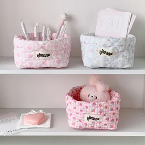 Pastel quilted fabric storage baskets for cute desktop stationery and makeup brushes