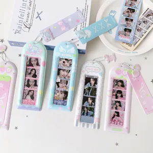 Close-up detail of ins style colorful PVC photocard holders with cute idol photo inserts