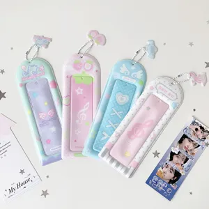 Detailed view of pastel PVC four-grid card holders for K-pop idol photos
