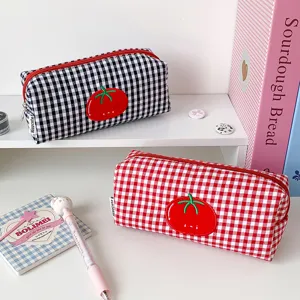 Korean Retro Plaid Tomato Embroidery Cosmetic Bag Large Capacity Fabric Zipper Pencil Case Cute Student Stationery Storage Pouch