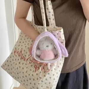 Purple plush doll display bag with transparent window for stuffed toy doll storage