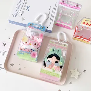 Detailed macro view of transparent PVC doll display bags with cute cake-themed designs