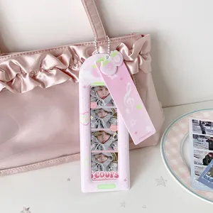 Aesthetic pink PVC four-frame photo card holder and cute bag charm for idol fans
