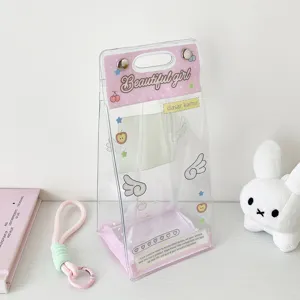 Close-up of clear PVC display bag with pink wings design for 10cm plush dolls