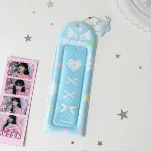 Long blue PVC photo card holder with heart and bow details for four-cut photos