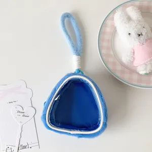 Detailed view of blue plush doll display pouch with clear window and soft hanging strap