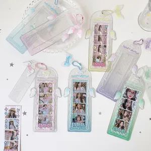 Angel Wings Four-Grid Photo Card Holder INS Style PVC Glitter Transparent Photo Protective Sleeve Pendant With Ball Chain