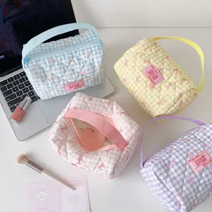 Grote Capaciteit Gequilt Gingham Etui Koreaanse Stijl Strik Reizen Make-up Tas Draagbare Kantoorbenodigdheden Organizer Zak