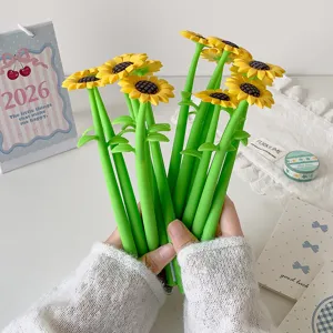 Detail shot of creative sunflower gel pens with soft silicone stems for students
