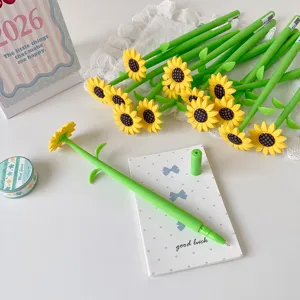 Detailed view of creative sunflower silicone gel pens on a stationery notepad