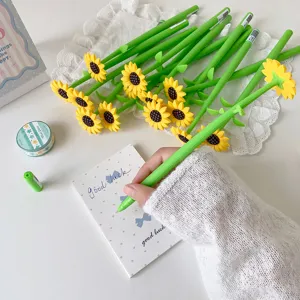 Close-up macro view of creative sunflower gel pen with soft silicone stem and flower detail