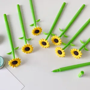Creative sunflower silicone gel pens with green stems and yellow petals on white surface