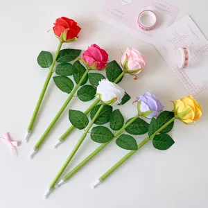 Detailed view of artificial rose flower ballpoint pens in six vibrant colors for gift-giving