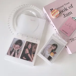 Detailed view of transparent 3-inch mini photocard album holder with idol photocards
