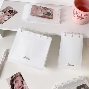 Macro view of transparent PP photocard album displaying 3-inch idol collection cards.