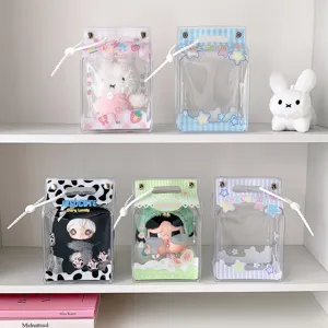 Detailed view of colorful milk box style PVC display bags for plush dolls.