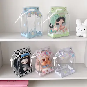 Collection of milk carton shaped transparent PVC display bags for plush dolls in various colors