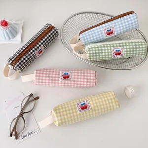 Astucci a quadretti di grande capacità in stile coreano per studenti in colori pastello
