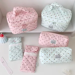 Set di borse cosmetiche e pochette trapuntate a pois in rosa e verde menta per viaggi