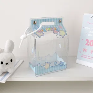 Detailed macro view of the cute blue checkered milk carton shaped plush doll display bag.