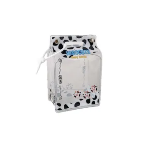 Transparent milk carton shaped storage bag with cow print for plush doll display