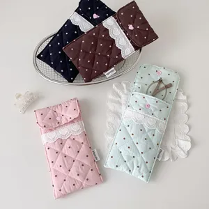 Korean style quilted polka dot pencil case and sunglass pouch with lace detail
