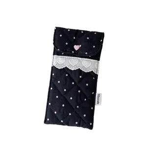Korean style navy polka dot quilted pencil case with lace trim and pink heart button