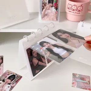 Detailed macro view of a clear 3-inch photocard holder stand for aesthetic desktop display