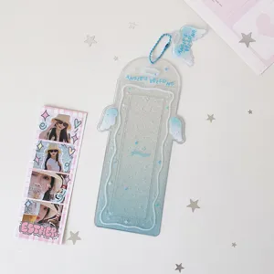 Glittery blue gradient angel wings photo card sleeve protector with blue bead chain