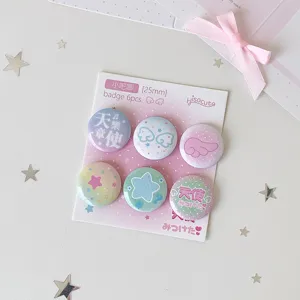 Collection of six 25mm pastel kawaii badge pins featuring cute angel and star designs for DIY decor