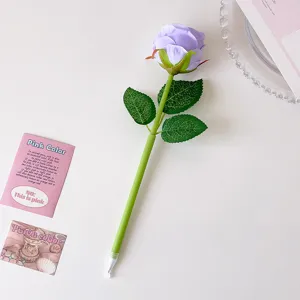 Elegant purple rose-shaped ballpoint pen with realistic green stem and silk petals
