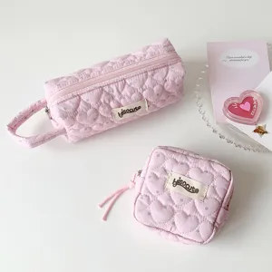 Set de trousses de papeterie roses matelassées avec motif cœurs et pois, deux pièces
