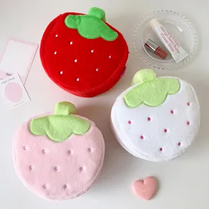 Cute Strawberry Plush Makeup Bag Large Capacity Portable Travel Cosmetic Pouch Storage Bag For Women