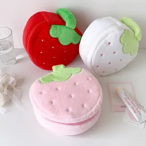 Adorable plush strawberry makeup organizer bags in red, white and pink for girls' travel use