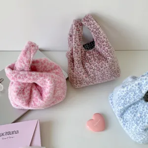 Colorful leopard print plush handbags in pink and blue, soft texture student storage bags