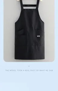 Detail shot of black nylon apron with dual pockets and adjustable straps for kitchen use.