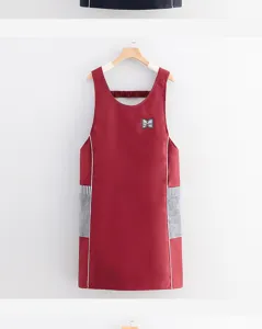 Red waterproof kitchen apron with hand wipe towels on sides and vest design for cooking.