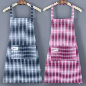 Fashionable cotton apron with plaid pattern, ideal for kitchen cooking and household work.
