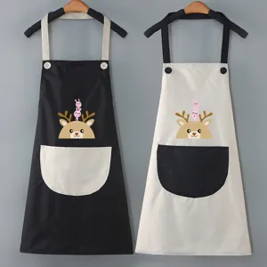 Waterproof Kitchen Apron Cute Cartoon Deer Print Oil-Proof PVC Cooking Bib with Front Pocket for Women Home Cooking